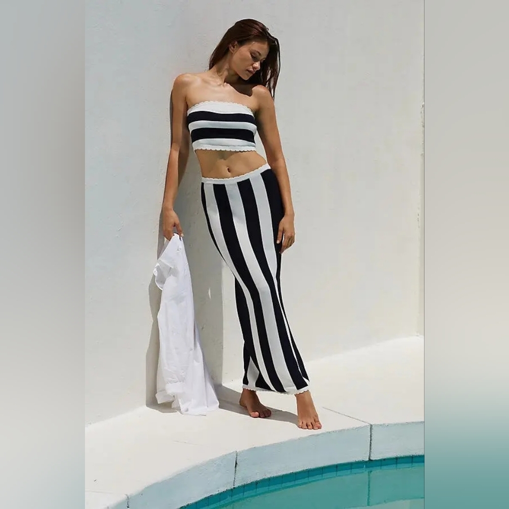 Anthropologie Mandy Knit Stripe Slim Midi Skirt Scalloped Trim S Navy White